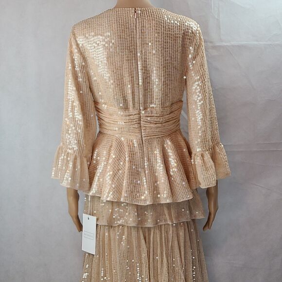 New Mac Duggal Women's (4) Beige 3/4 Sleeve Sequined Ruffle Tiered 2 Piece Gown - Picture 6 of 12